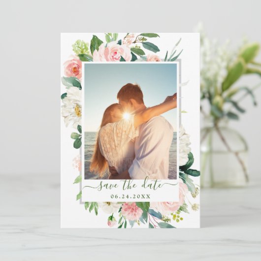 Elegant Eucalyptus Blush Pink Flower Weddenschap F Save The Date (Staand voorkant)