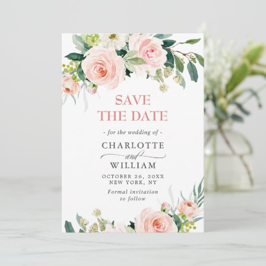 Elegant Eucalyptus Blush Pink Flowers Weddenschap Save The Date (Staand voorkant)