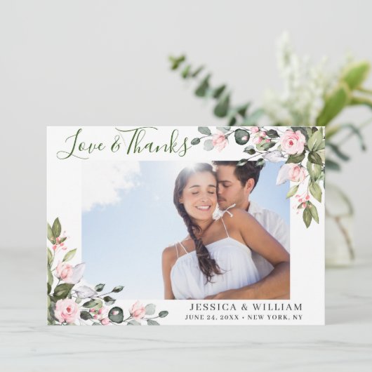 Elegant Eucalyptus Blush Pink Roses FOTO Bedankkaart (Staand voorkant)