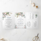 Elegant Eucalyptus Blush Pink Roses Wedding Tri-F Drieluik Uitnodiging (Binnen)