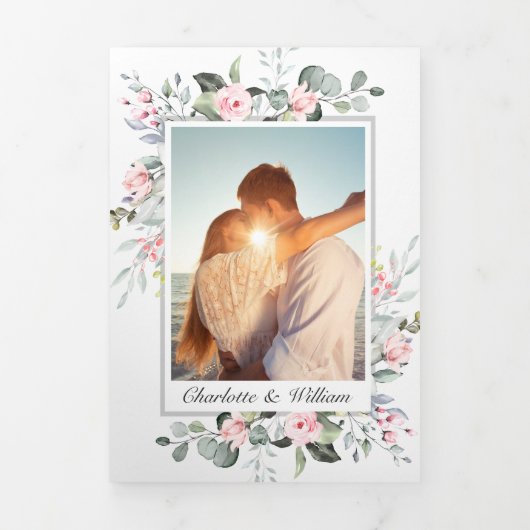 Elegant Eucalyptus Blush Pink Roses Wedding Tri-F Drieluik Uitnodiging (Cover)