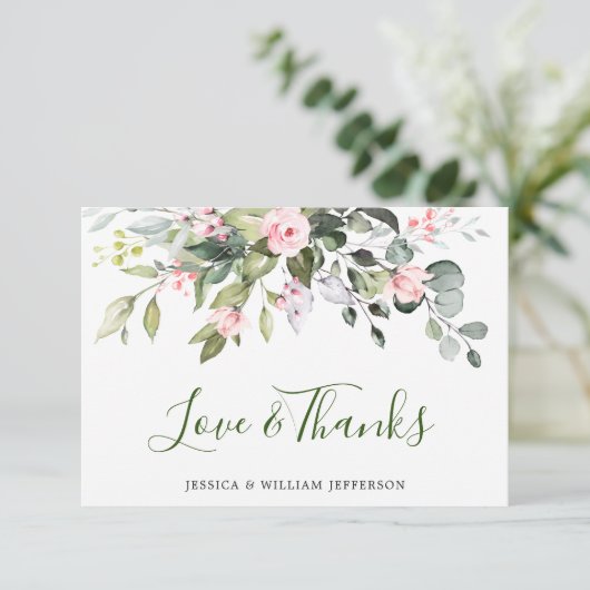 Elegant Eucalyptus Blush Roses Floral Bedankkaart (Staand voorkant)