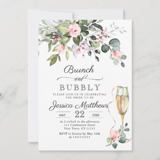 Elegant Eucalyptus Blush Rozen Brunch & Bubble Kaart (Voorkant)