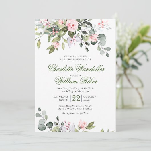 Elegant Eucalyptus Blush Rozen Greenery Wedding Kaart (Staand voorkant)