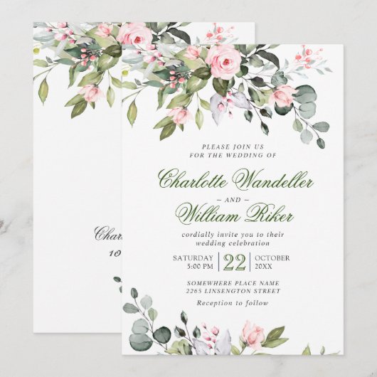 Elegant Eucalyptus Blush Rozen Greenery Wedding Kaart (Voorkant / Achterkant)
