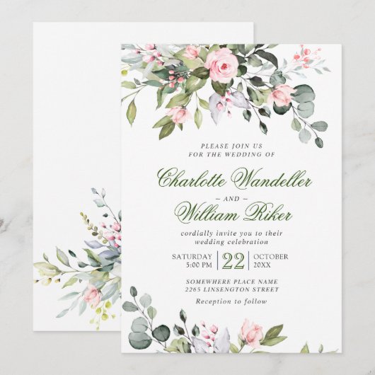 Elegant Eucalyptus Blush Rozen Greenery Wedding Kaart (Voorkant / Achterkant)