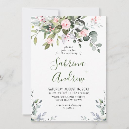 Elegant Eucalyptus Blush Rozen Greenery Wedding Kaart (Voorkant)