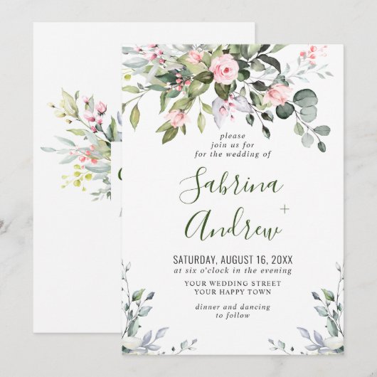 Elegant Eucalyptus Blush Rozen Greenery Wedding Kaart (Voorkant / Achterkant)