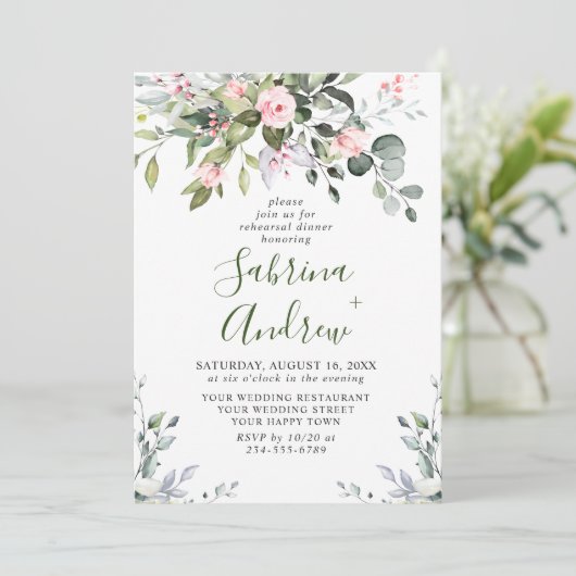 Elegant Eucalyptus Blush Rozen REHEARSAL DINNER Kaart (Staand voorkant)