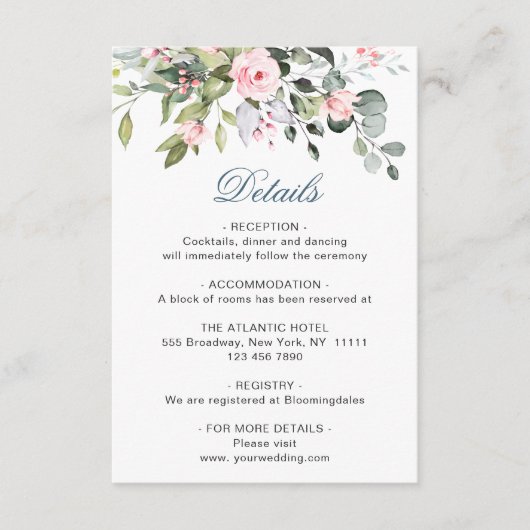 Elegant Eucalyptus Blush Rozen Weddenschap Details Informatiekaartje (Voorkant)