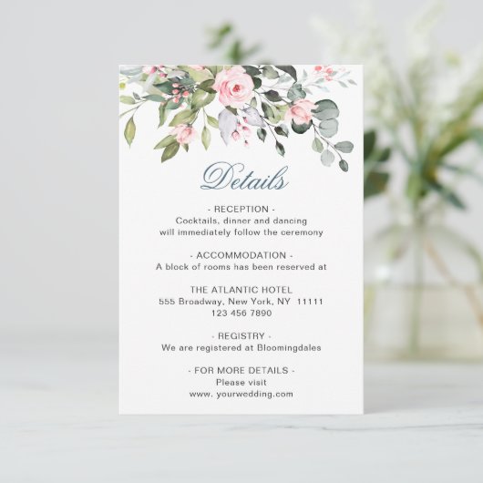 Elegant Eucalyptus Blush Rozen Weddenschap Details Informatiekaartje (Staand voorkant)