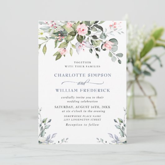 Elegant Eucalyptus Blush Rozen Weddenschap Kaart (Staand voorkant)