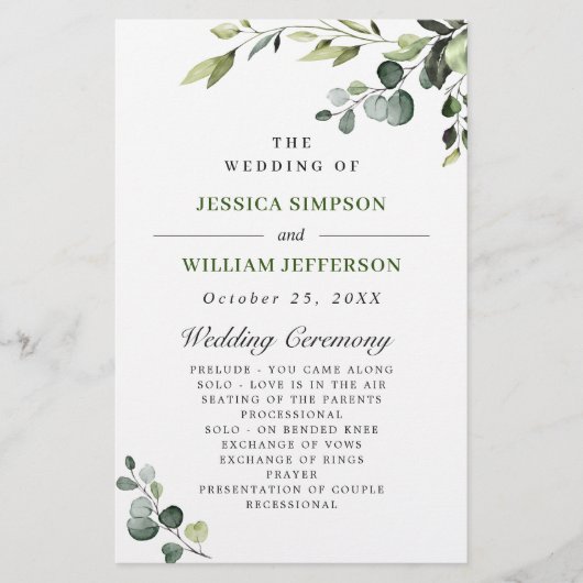 Elegant Eucalyptus Boho huwelijksceremonie program (Voorkant)