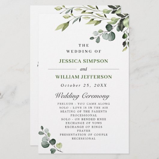 Elegant Eucalyptus Boho huwelijksceremonie program (Voorkant / Achterkant)