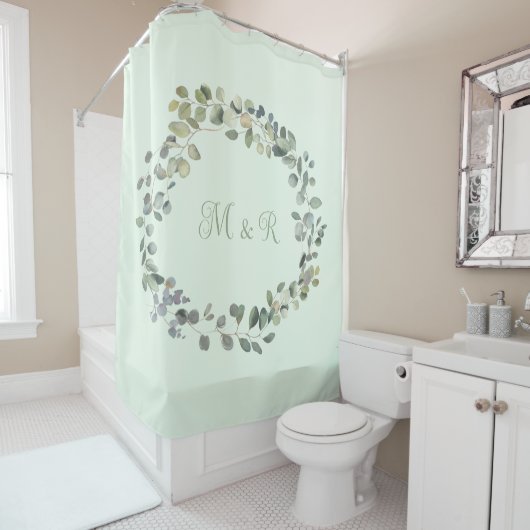 Elegant Eucalyptus Botanical Greenery Monogram Douchegordijn (In situ)