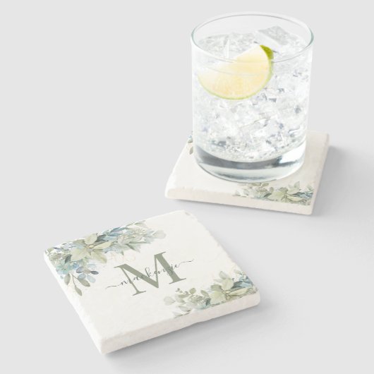 Elegant Eucalyptus Botanical Greenery Monogram Stenen Onderzetter (Zijkant)