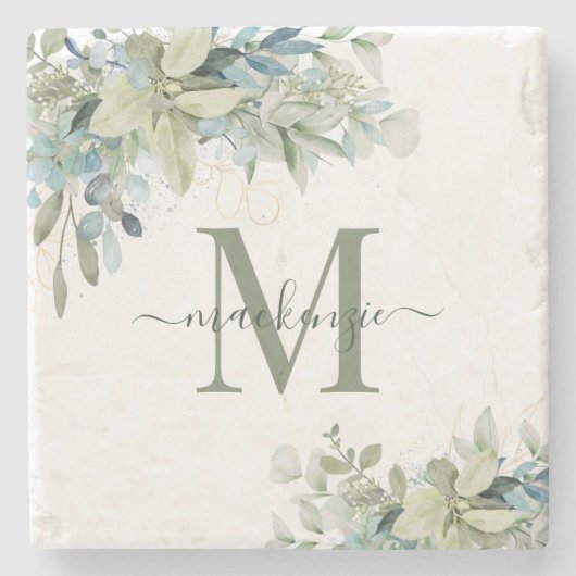 Elegant Eucalyptus Botanical Greenery Monogram Stenen Onderzetter (Voorkant)