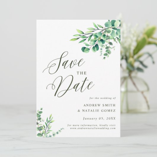Elegant Eucalyptus Botanical Leaves Fotobruiloft Save The Date (Staand voorkant)