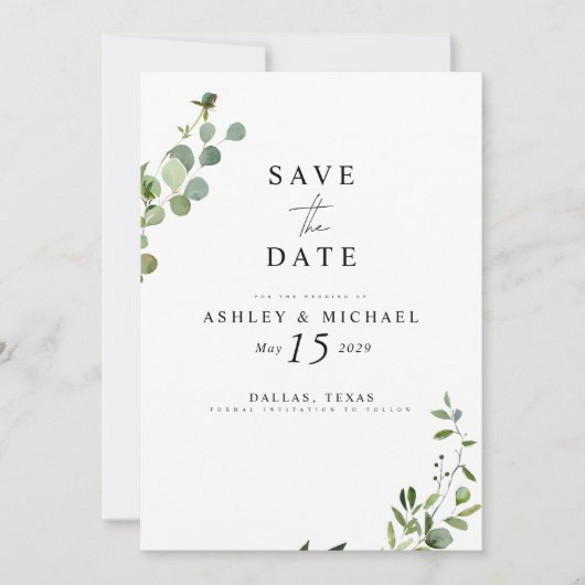 Elegant Eucalyptus Botanical Marble Wedding Save The Date (Voorkant)
