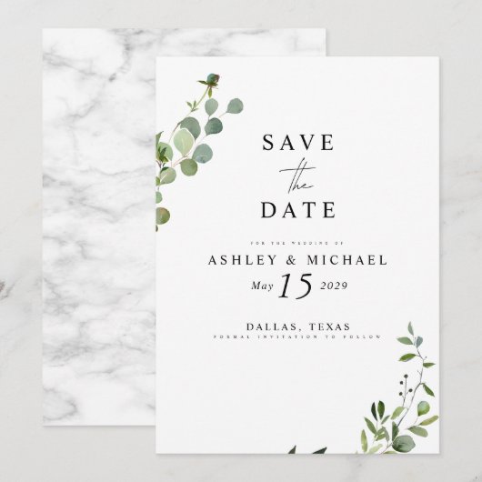 Elegant Eucalyptus Botanical Marble Wedding Save The Date (Voorkant / Achterkant)