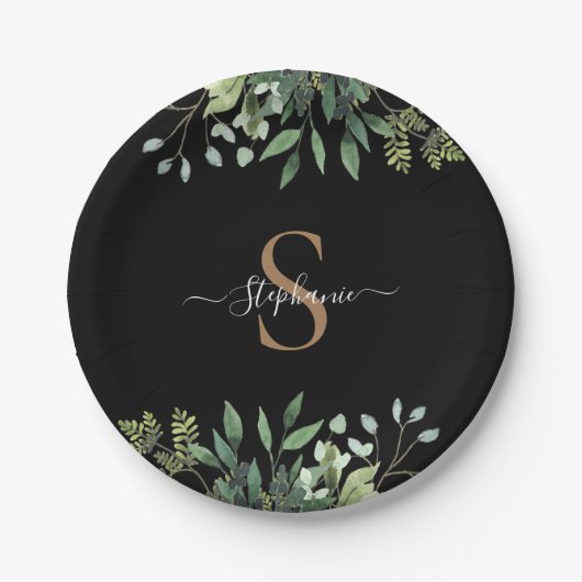 Elegant Eucalyptus Botanisch Goud Monogram Script Papieren Bordje (Voorkant)