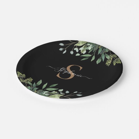 Elegant Eucalyptus Botanisch Goud Monogram Script Papieren Bordje (Gekanteld)