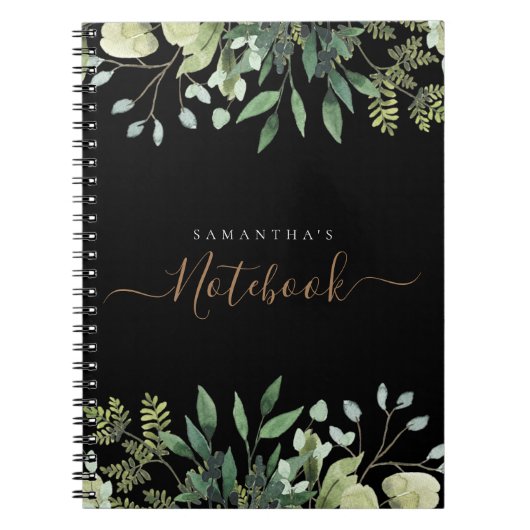 Elegant Eucalyptus Botanisch Zwart Goud Script Notitieboek (Voorkant)
