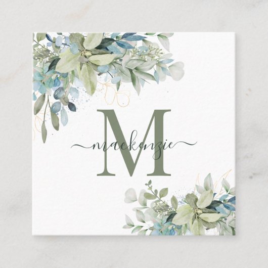 Elegant Eucalyptus Botanische Florenz Monogram Vierkante Visitekaartje (Voorkant)