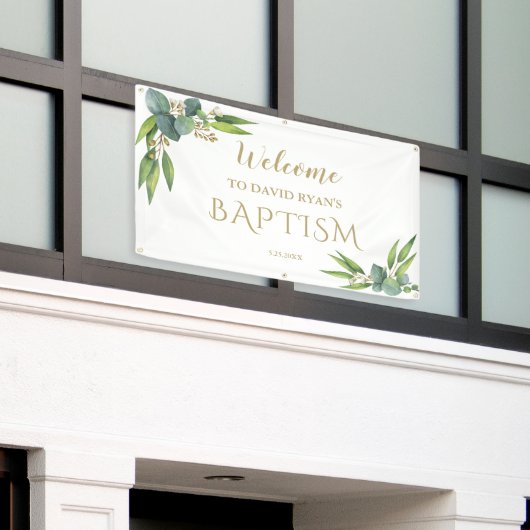 Elegant Eucalyptus Boy Baptism Welcome Sign Spandoek (Buitenkant Gebouw)