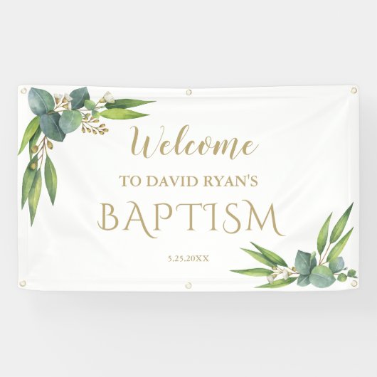 Elegant Eucalyptus Boy Baptism Welcome Sign Spandoek (Horizontaal)