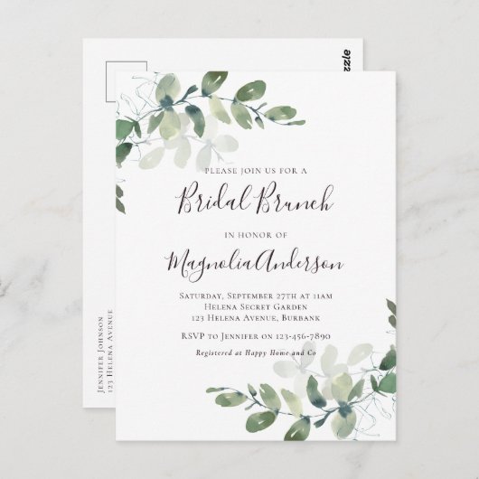 Elegant Eucalyptus Bridal Brunch Invitation Postca Briefkaart (Voorkant / Achterkant)
