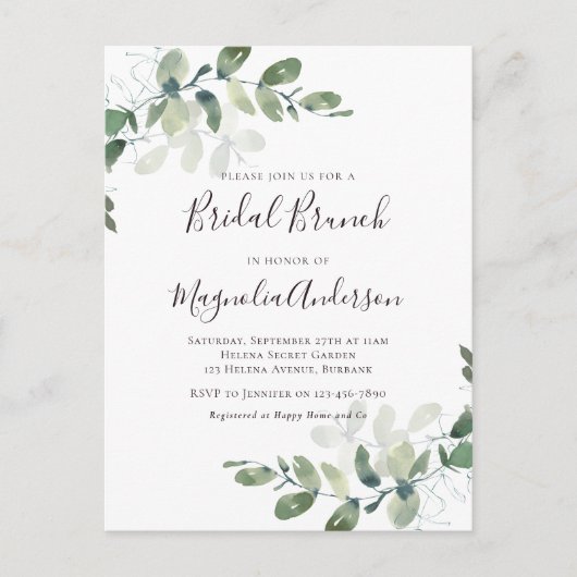 Elegant Eucalyptus Bridal Brunch Invitation Postca Briefkaart (Voorkant)