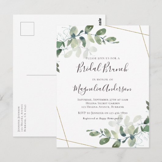 Elegant Eucalyptus Bridal Brunch Invitation Postca Briefkaart (Voorkant / Achterkant)