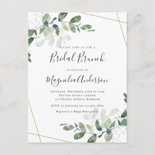 Elegant Eucalyptus Bridal Brunch Invitation Postca Briefkaart (Voorkant)