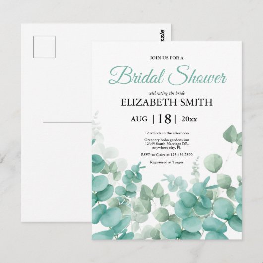 Elegant Eucalyptus Bridal Shower Briefkaart (Voorkant / Achterkant)