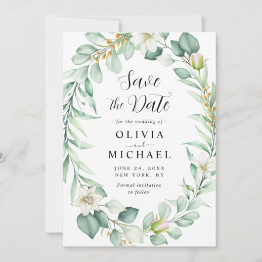 Elegant Eucalyptus Bruiloft Save the Date Kaart (Voorkant)