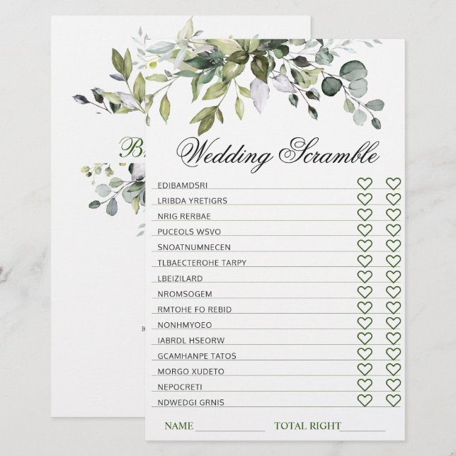 Elegant Eucalyptus Bruiloftsfeest Scramble Spel (Voorkant / Achterkant)