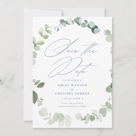 Elegant Eucalyptus Calligraphy Dusty Blue Wedding Save The Date (Voorkant)