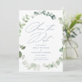 Elegant Eucalyptus Calligraphy Dusty Blue Wedding Save The Date (Staand voorkant)