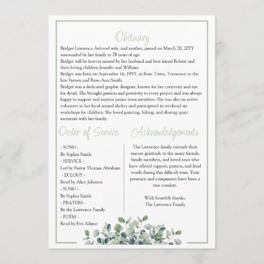 Elegant Eucalyptus Celebrating Life Of - Funeral Programmakaart (Achterkant)