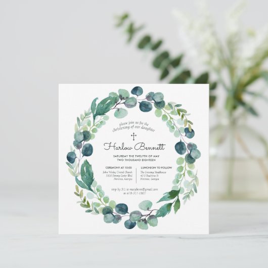 Elegant Eucalyptus Christening Uitnodiging (Staand voorkant)