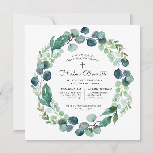 Elegant Eucalyptus Christening Uitnodiging (Voorkant)