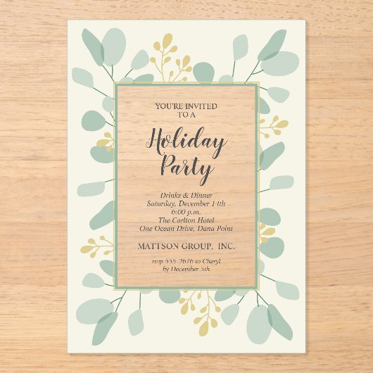 Elegant Eucalyptus Christmas Holiday Acryl Uitnodigingen (Voorkant)