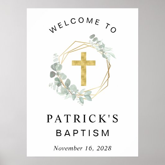 Elegant Eucalyptus Cross Baptisme Welkom Poster (Voorkant)