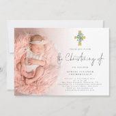 Elegant Eucalyptus Cross Foto Christening Kaart (Voorkant)