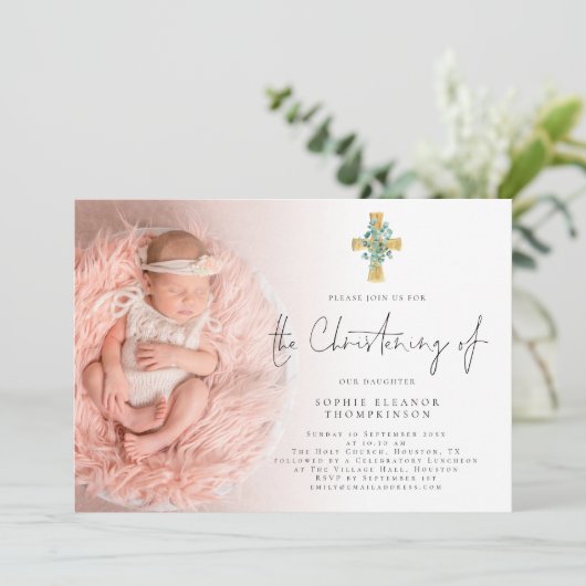 Elegant Eucalyptus Cross Foto Christening Kaart (Staand voorkant)