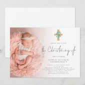 Elegant Eucalyptus Cross Foto Christening Kaart (Voorkant / Achterkant)