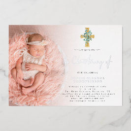 Elegant Eucalyptus Cross Foto Christening Real Folie Uitnodiging