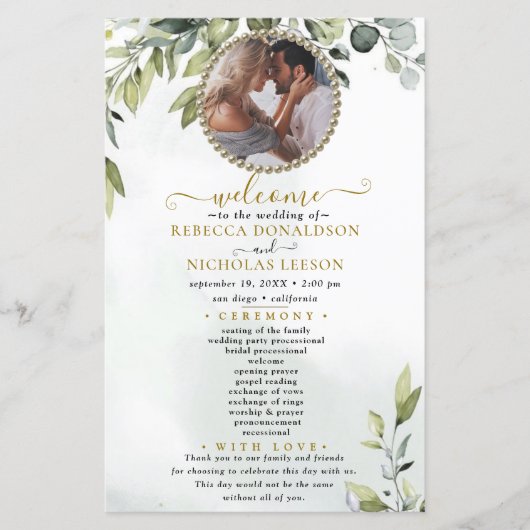 Elegant Eucalyptus Custom Photo Wedding Program (Voorkant)