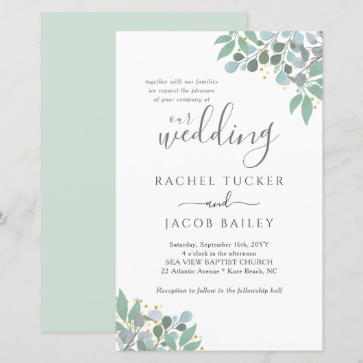 Elegant Eucalyptus Dusty Blue Wedding Invitation (Voorkant / Achterkant)